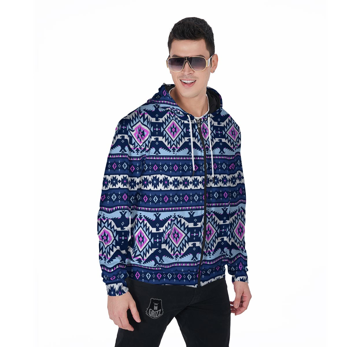 Blue Tribal Aztec Eagles Men's Zip Up Hoodie-grizzshop