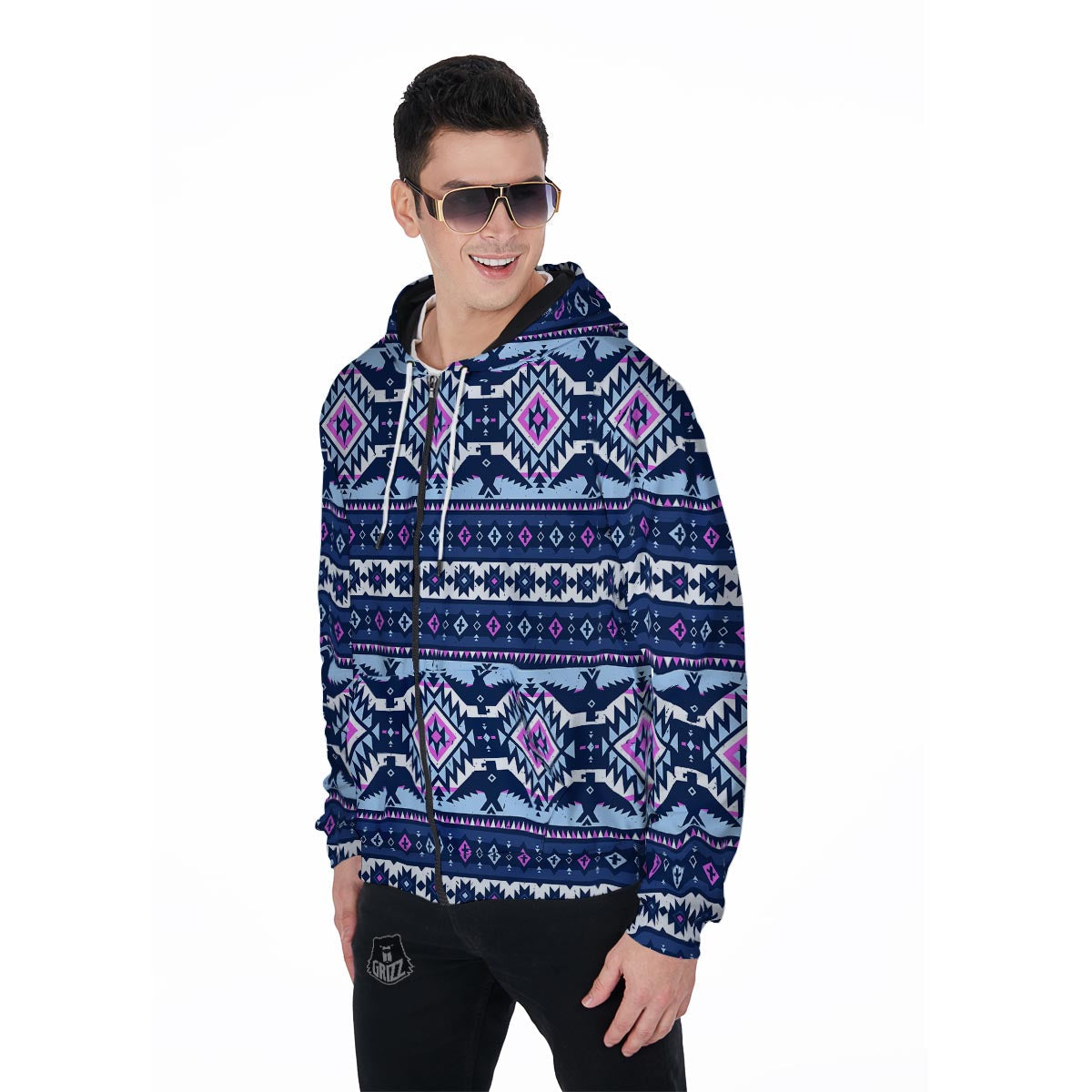 Blue Tribal Aztec Eagles Men's Zip Up Hoodie-grizzshop