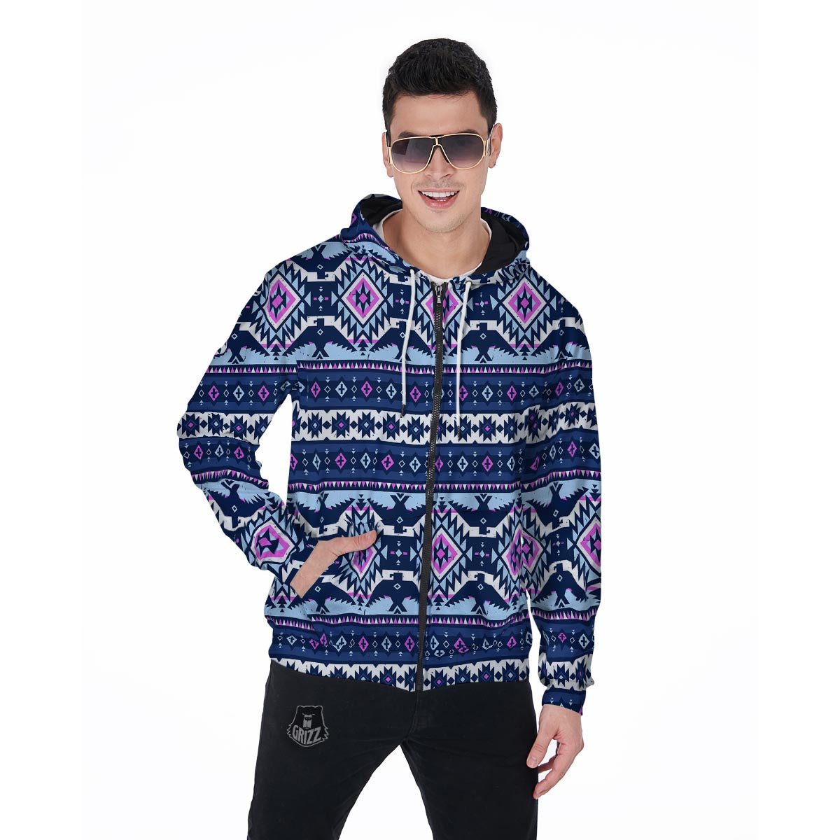 Blue Tribal Aztec Eagles Men's Zip Up Hoodie-grizzshop