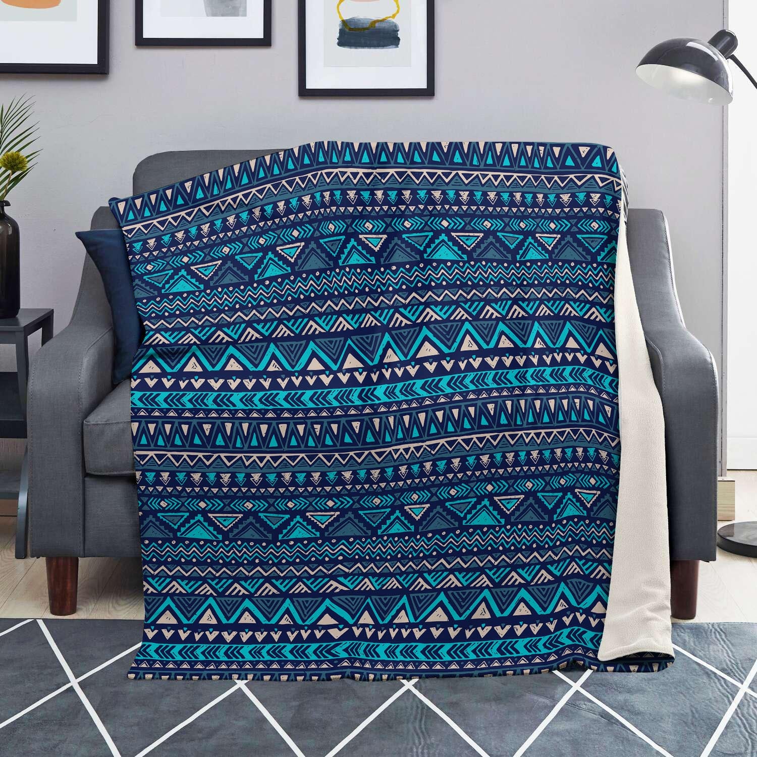 Blue Tribal Aztec Hand Drawn Blanket-grizzshop