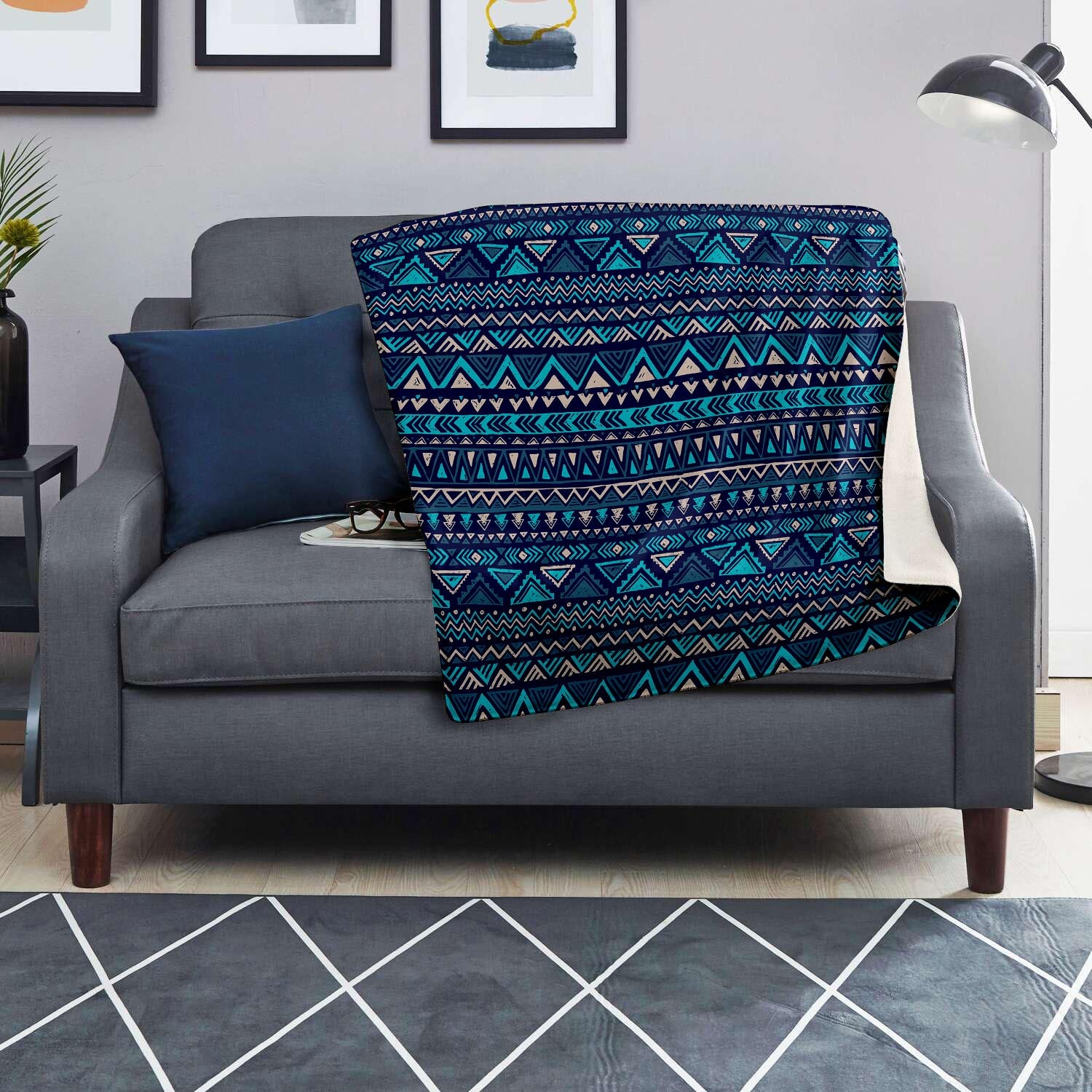 Blue Tribal Aztec Hand Drawn Blanket-grizzshop