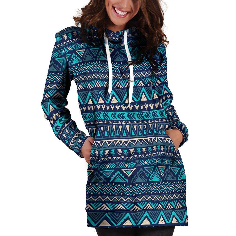 Blue Tribal Aztec Hand Drawn Hoodie Dress-grizzshop