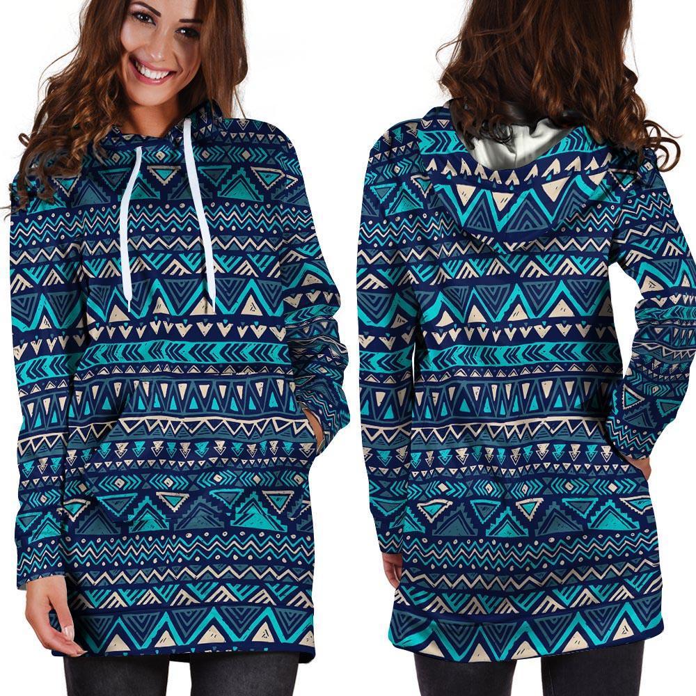 Blue Tribal Aztec Hand Drawn Hoodie Dress-grizzshop