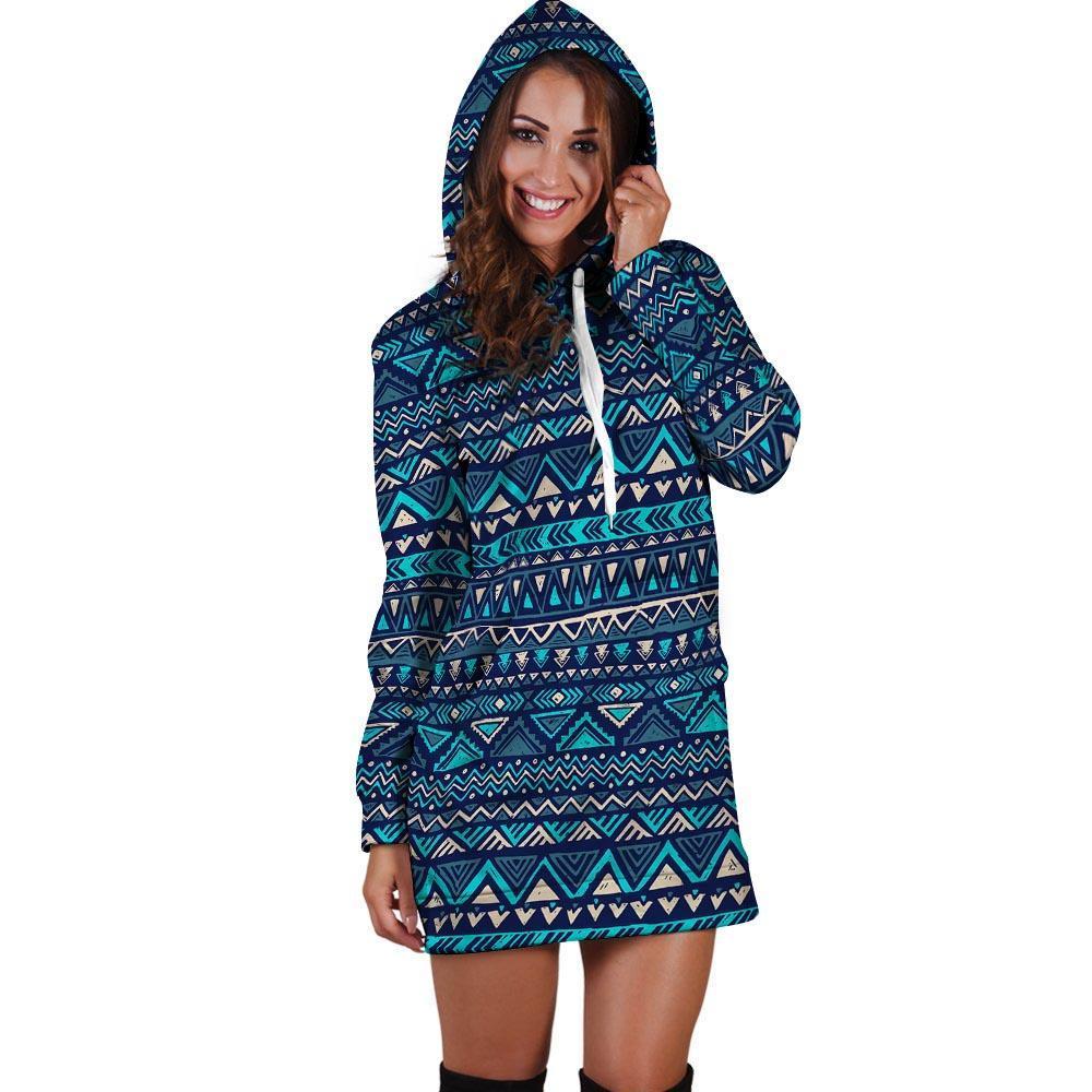 Blue Tribal Aztec Hand Drawn Hoodie Dress-grizzshop