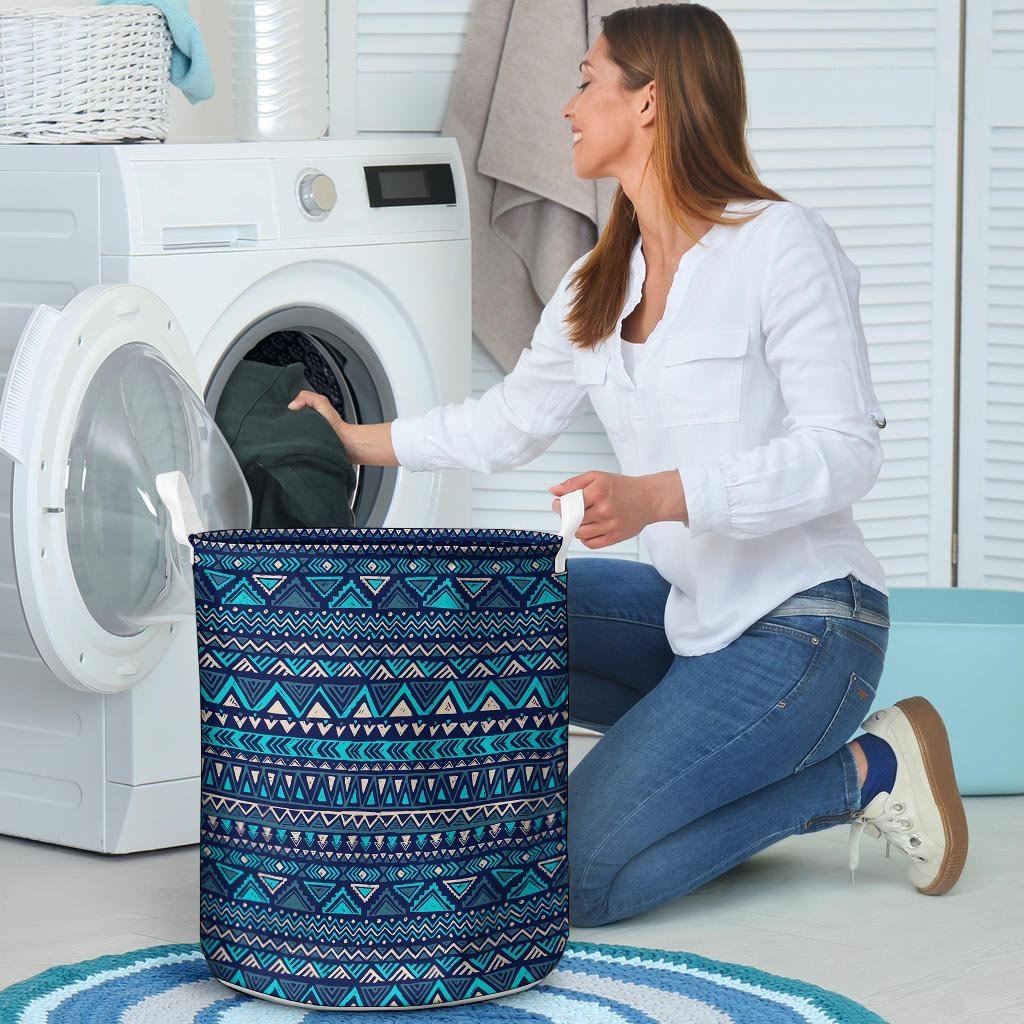 Blue Tribal Aztec Hand Drawn Laundry Basket-grizzshop