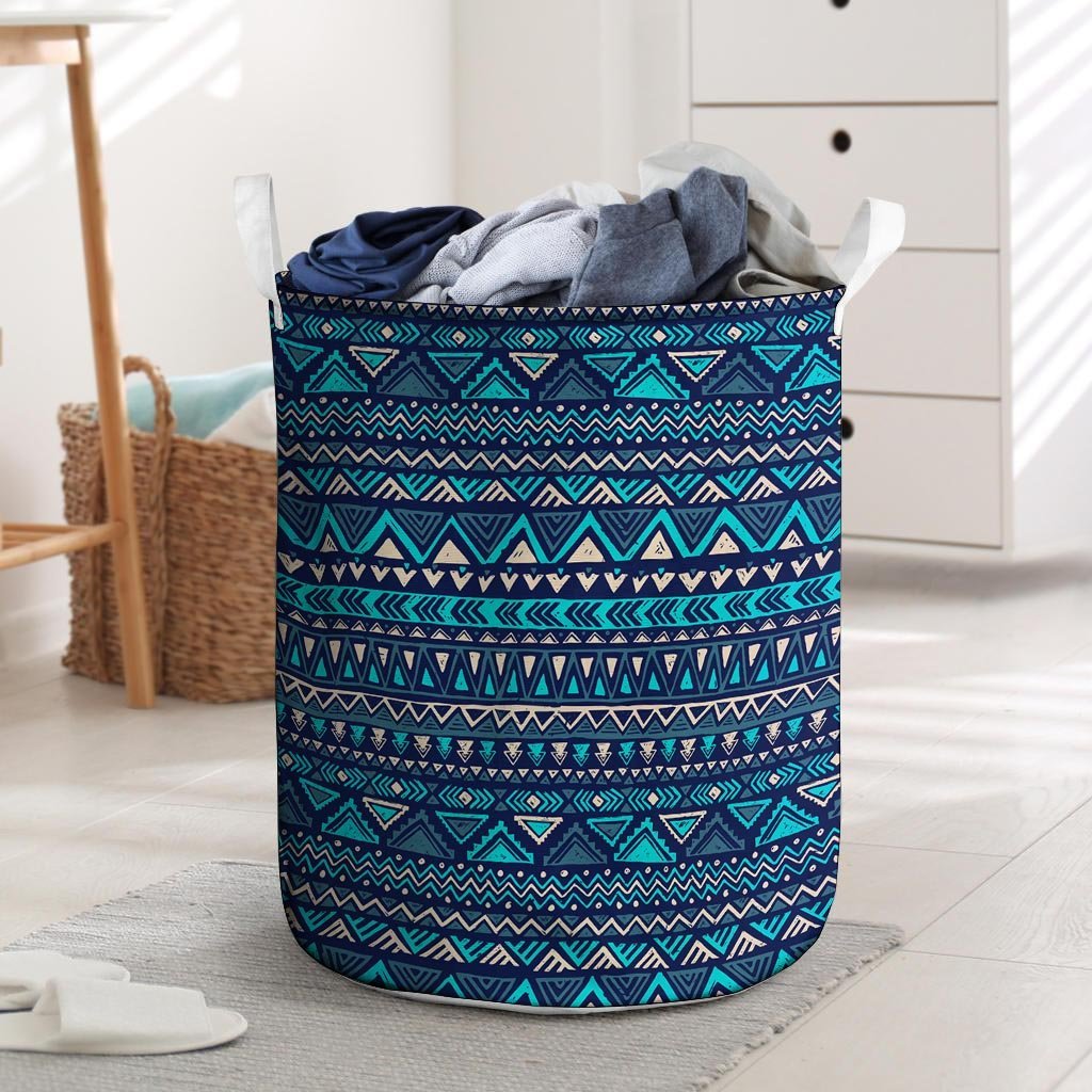 Blue Tribal Aztec Hand Drawn Laundry Basket-grizzshop