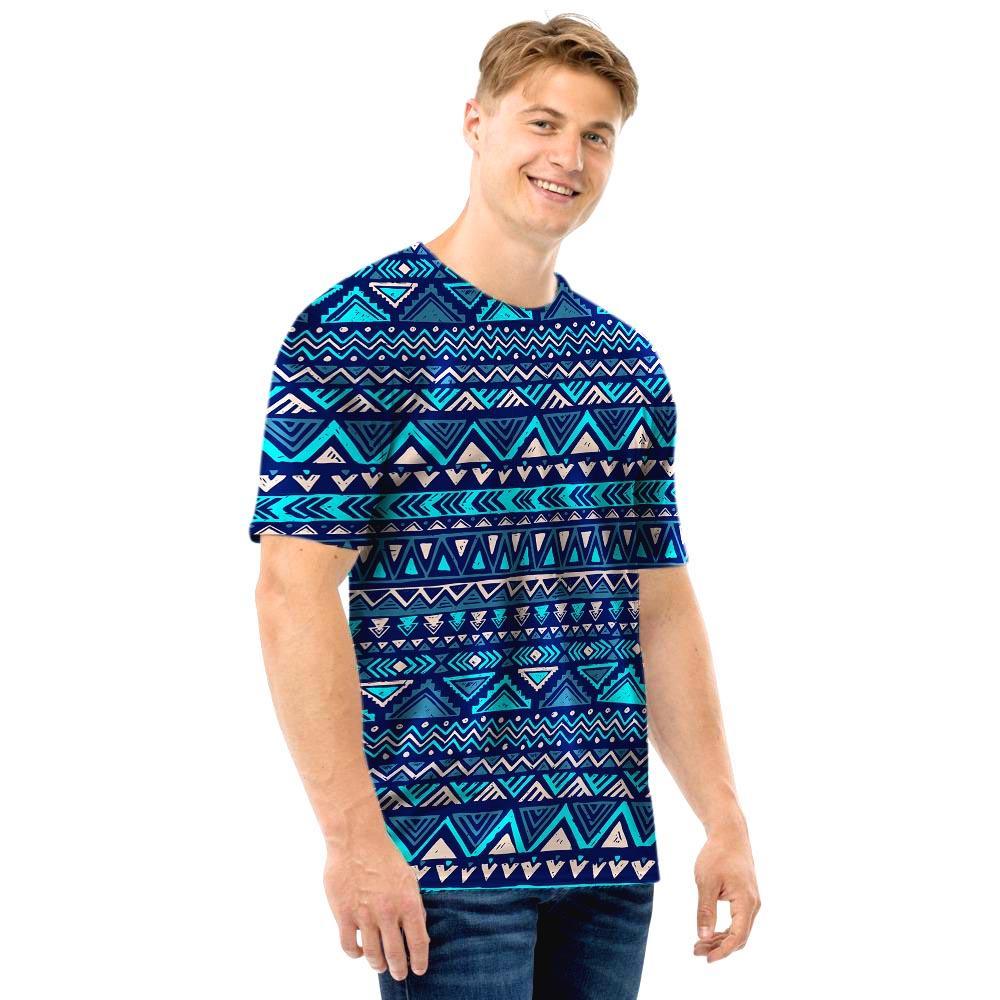 Blue Tribal Aztec Hand Drawn Men T Shirt-grizzshop