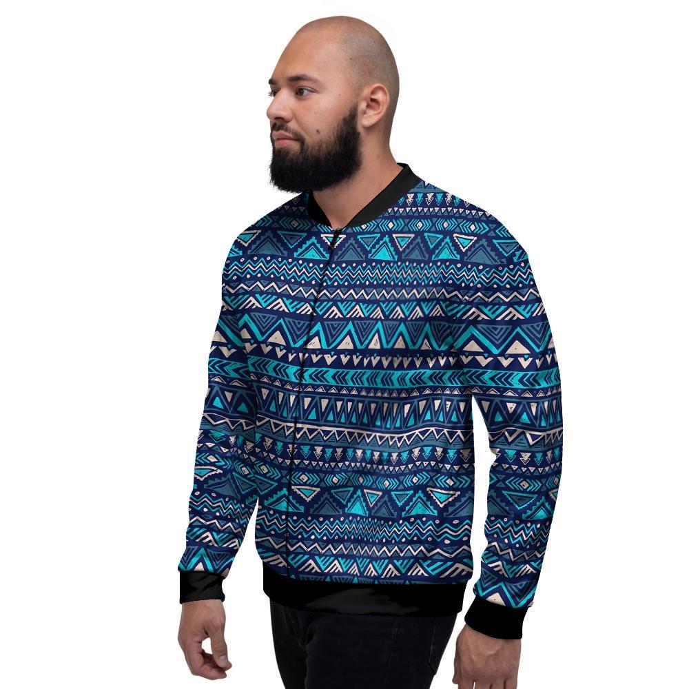 Blue Tribal Aztec Hand Drawn Men's Bomber Jacket-grizzshop