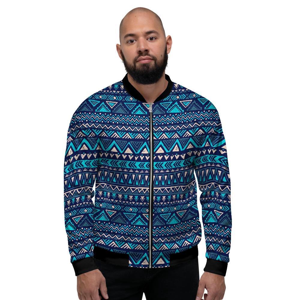 Blue Tribal Aztec Hand Drawn Men's Bomber Jacket-grizzshop