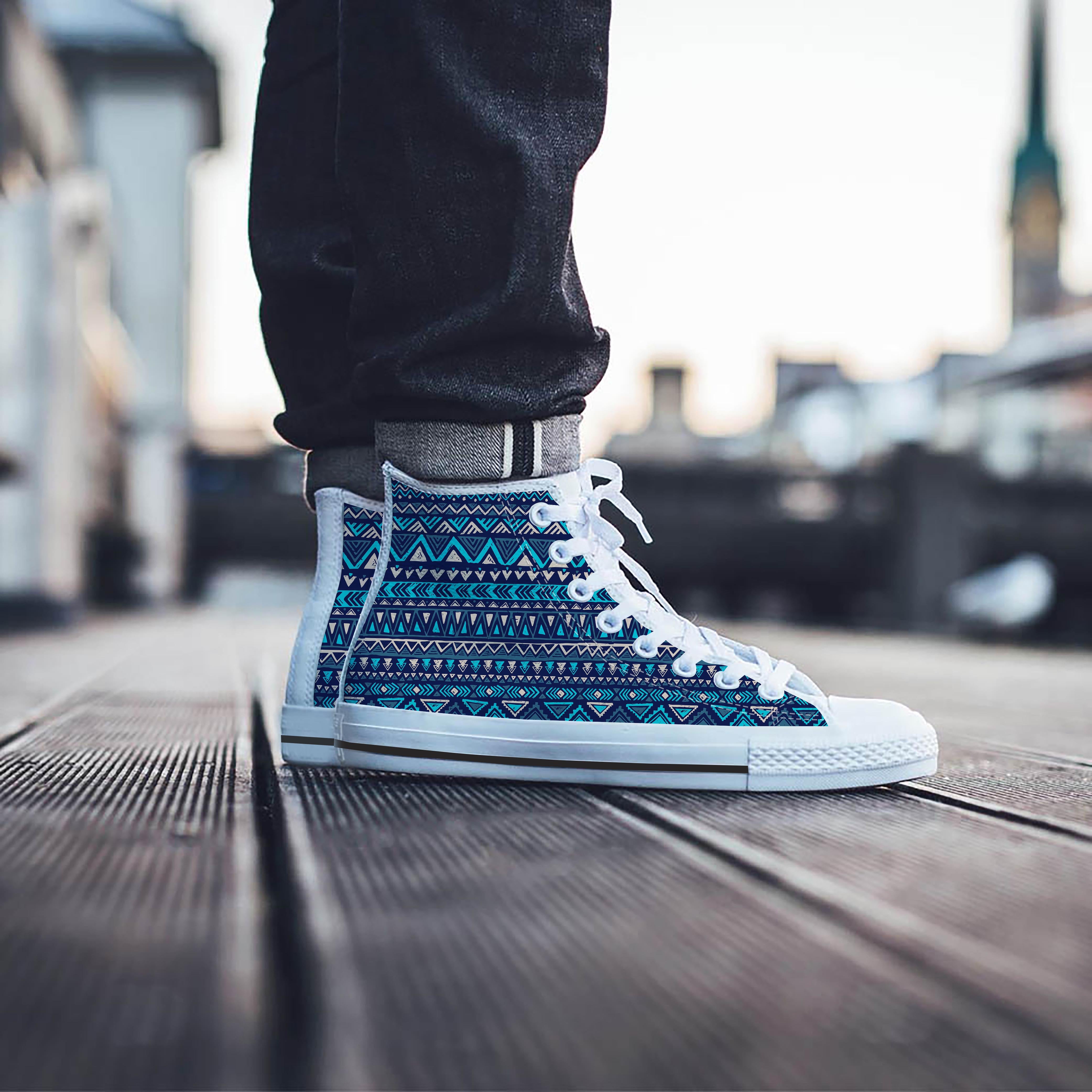 Blue Tribal Aztec Hand Drawn Men's High Top Shoes-grizzshop