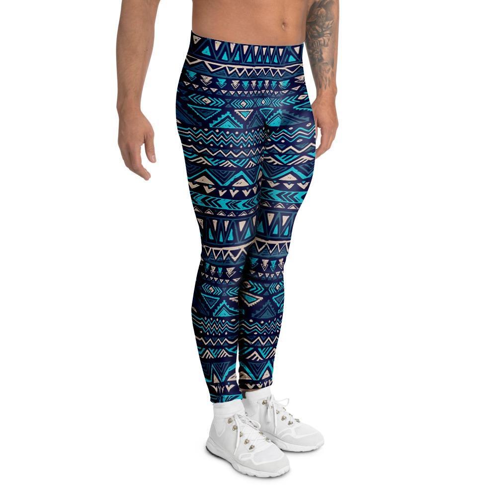 Blue Tribal Aztec Hand Drawn Men's Leggings-grizzshop