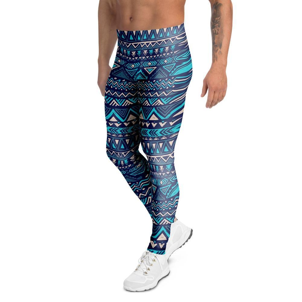 Blue Tribal Aztec Hand Drawn Men's Leggings-grizzshop