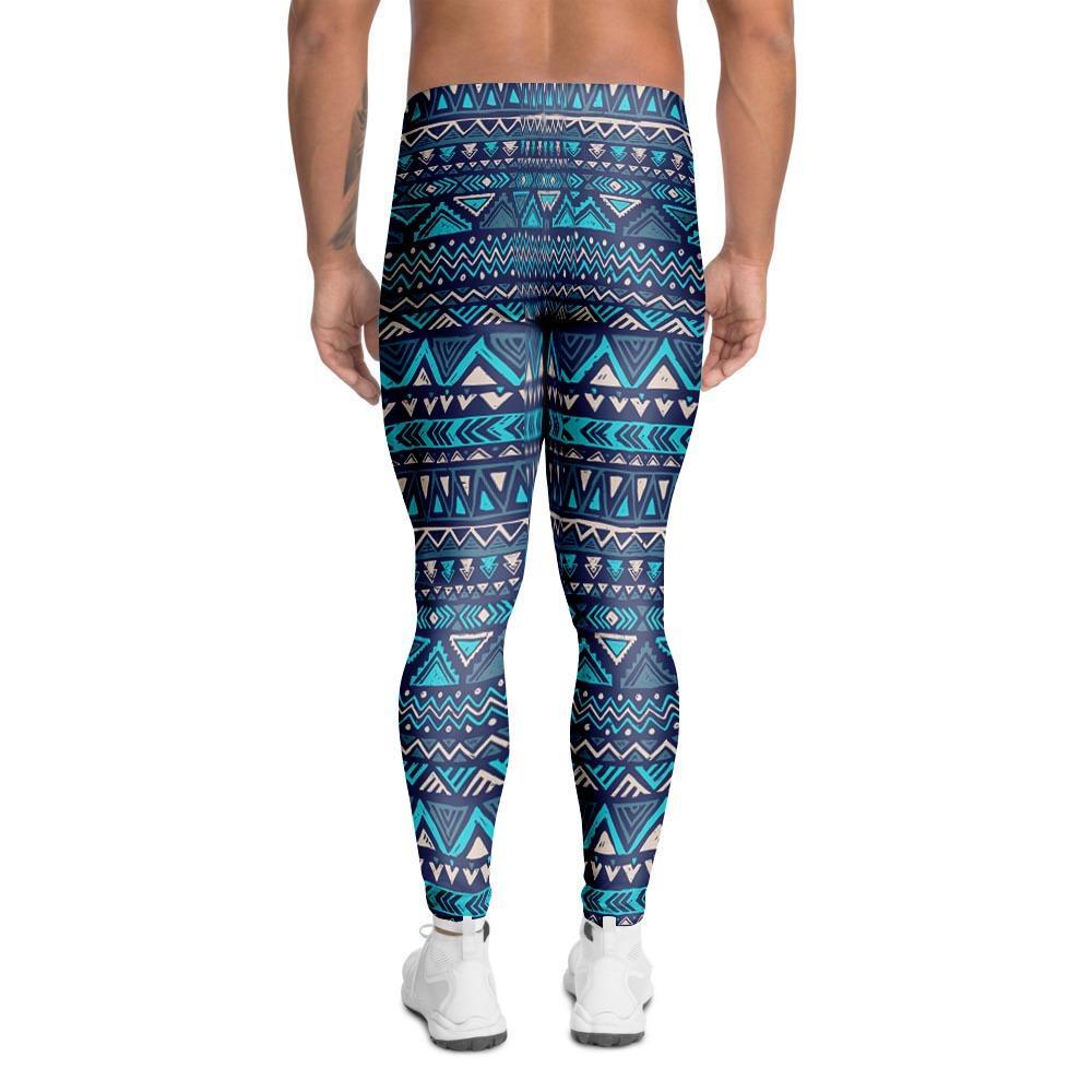 Blue Tribal Aztec Hand Drawn Men's Leggings-grizzshop