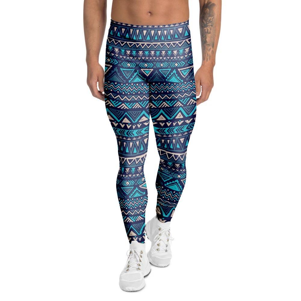 Blue Tribal Aztec Hand Drawn Men's Leggings-grizzshop