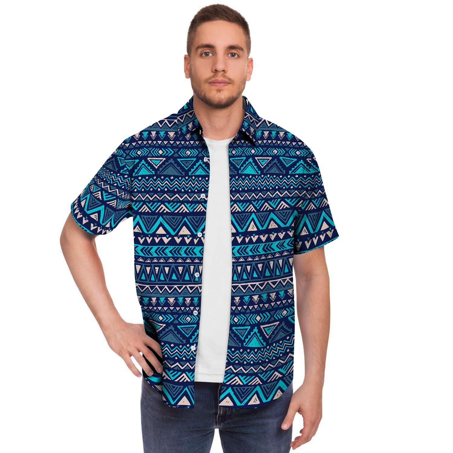 Blue Tribal Aztec Hand Drawn Men's Short Sleeve Shirt-grizzshop