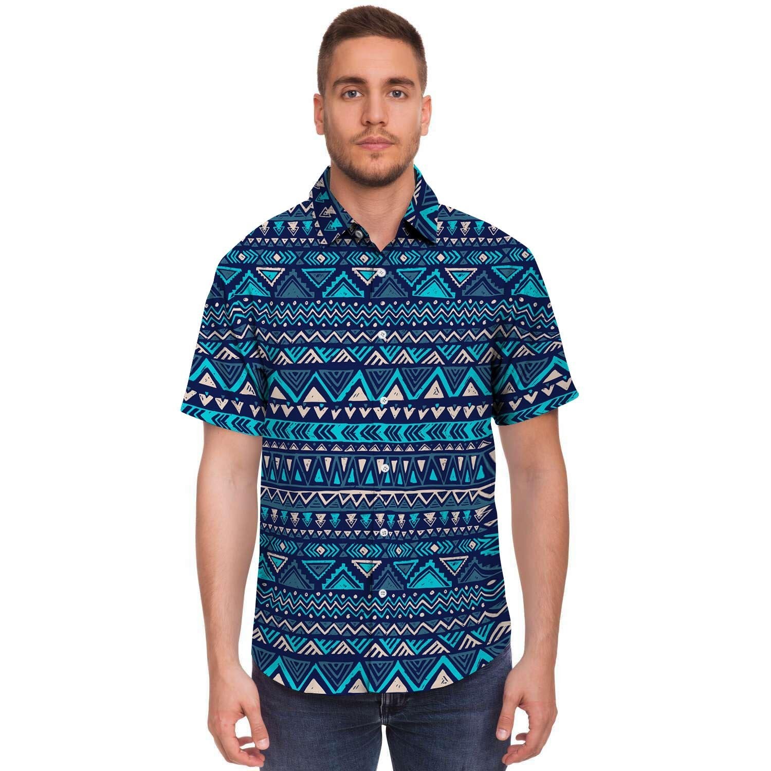 Blue Tribal Aztec Hand Drawn Men's Short Sleeve Shirt-grizzshop