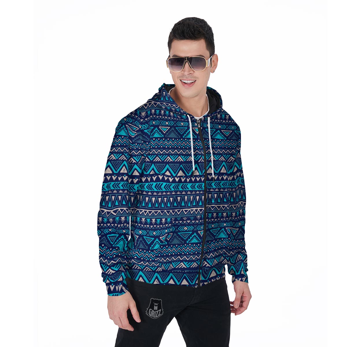 Blue Tribal Aztec Hand Drawn Men's Zip Up Hoodie-grizzshop