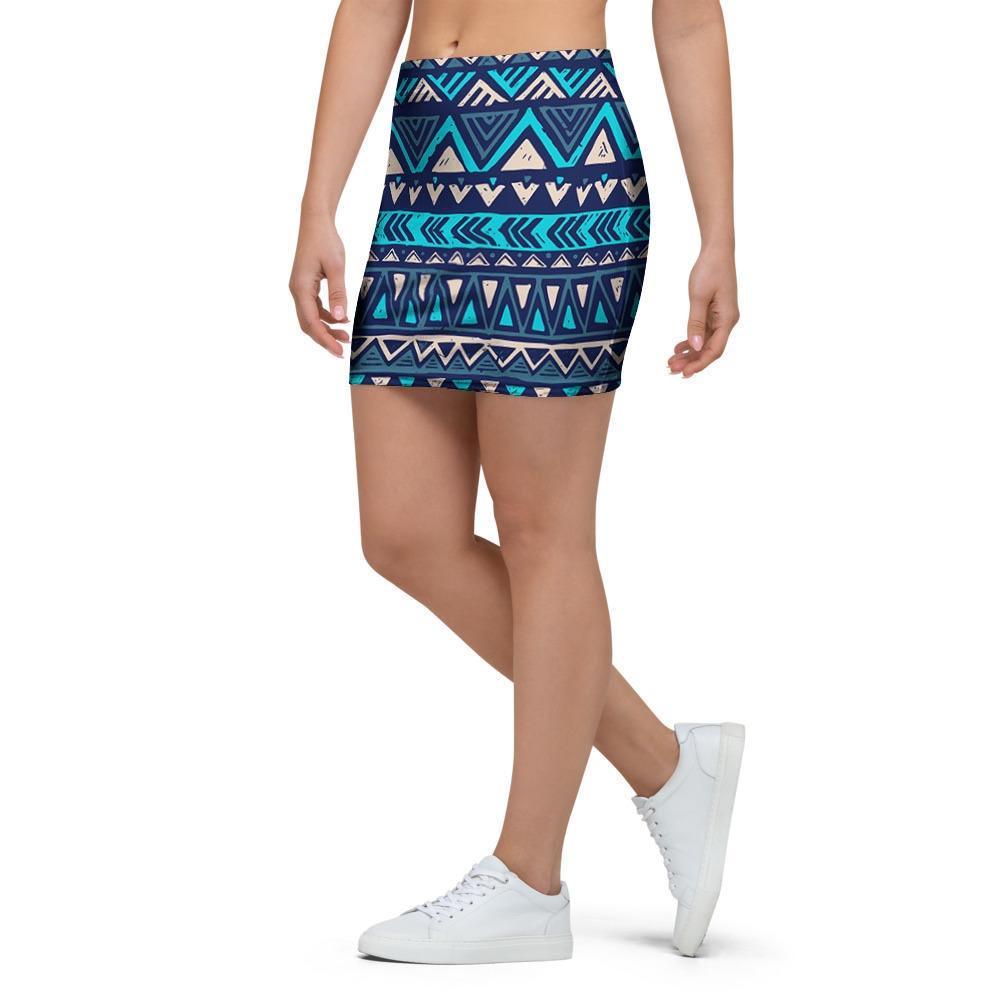 Blue Tribal Aztec Hand Drawn Mini Skirt-grizzshop