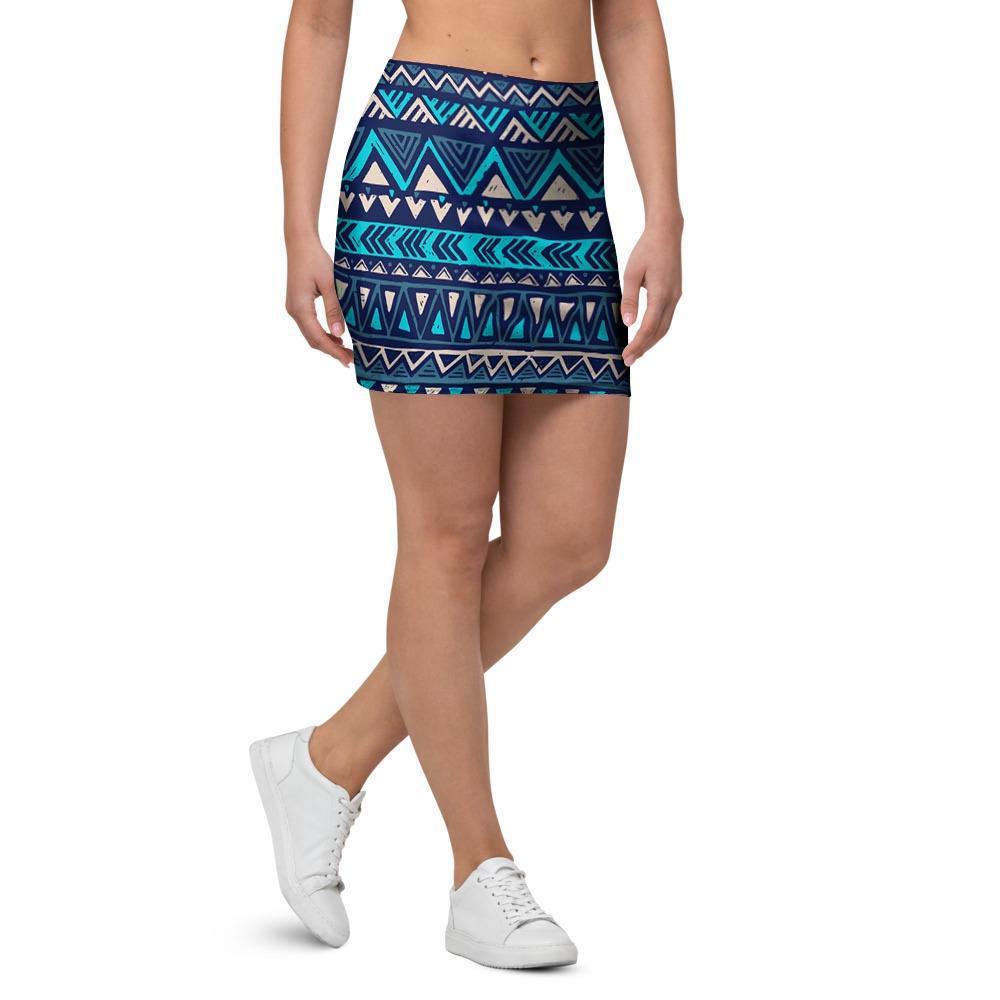 Blue Tribal Aztec Hand Drawn Mini Skirt-grizzshop
