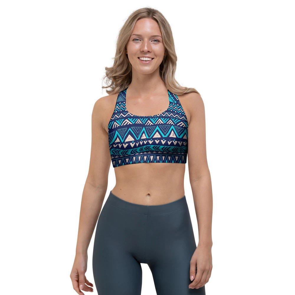 Blue Tribal Aztec Hand Drawn Sports Bra-grizzshop