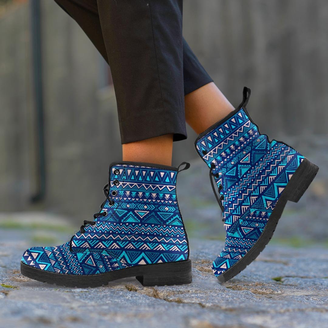 Blue Tribal Aztec Hand Drawn Women's Boots-grizzshop