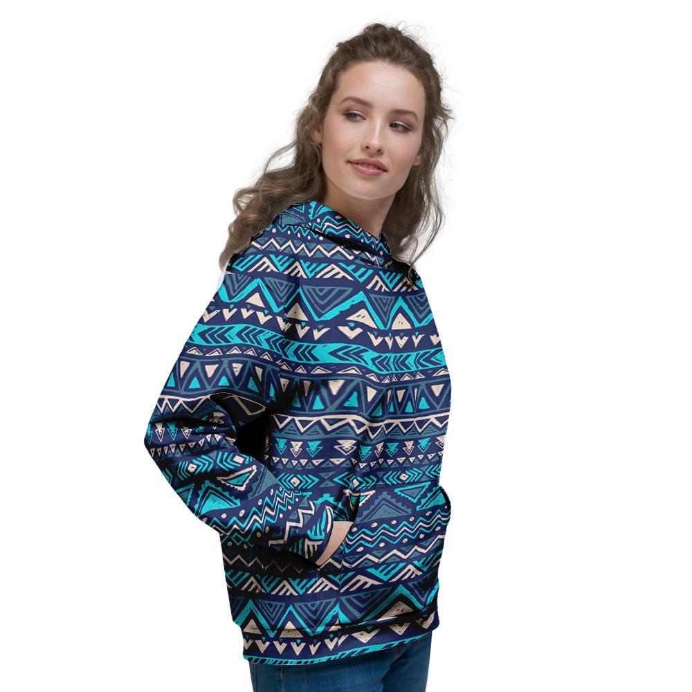 Blue Tribal Aztec Hand Drawn Women's Hoodie-grizzshop