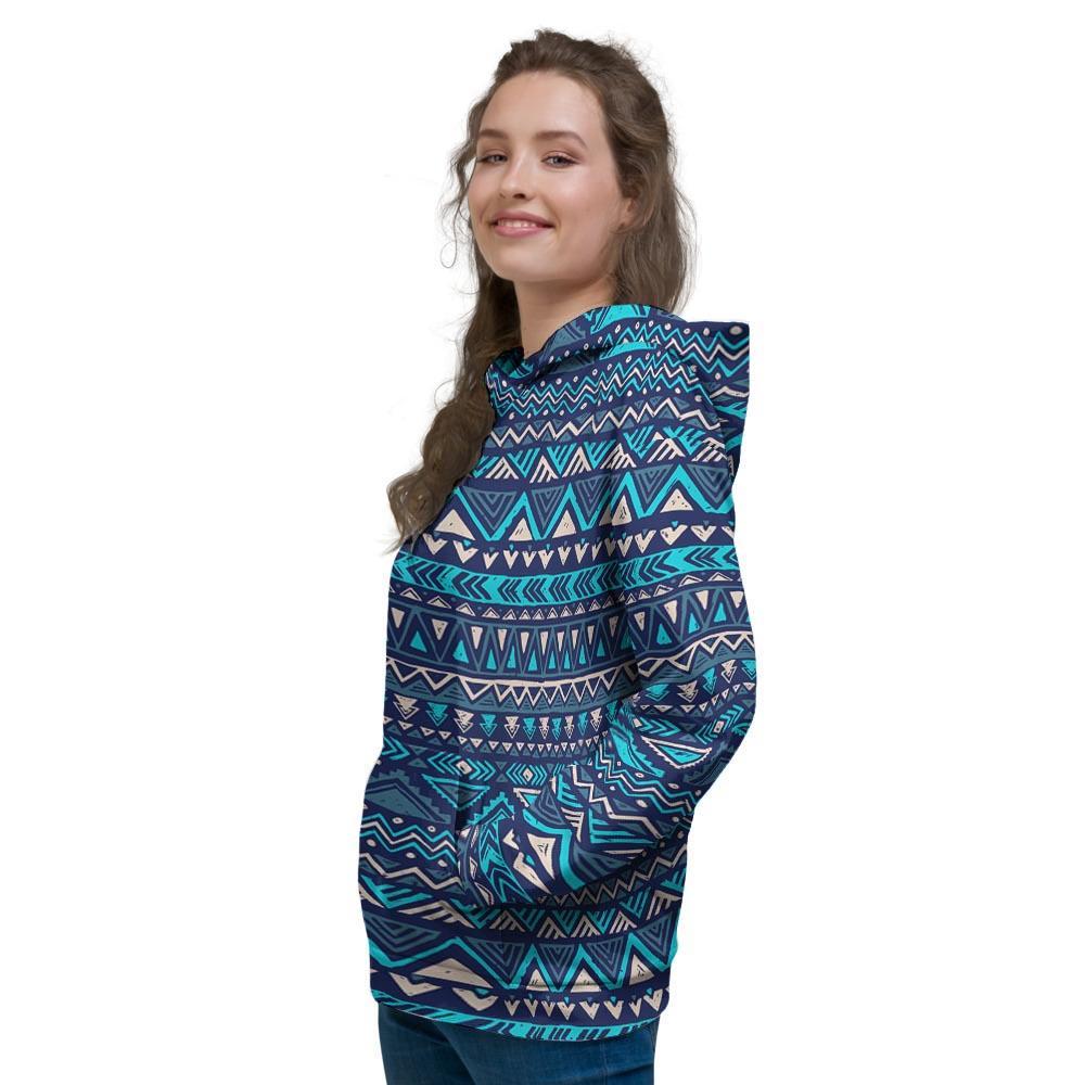 Blue Tribal Aztec Hand Drawn Women's Hoodie-grizzshop