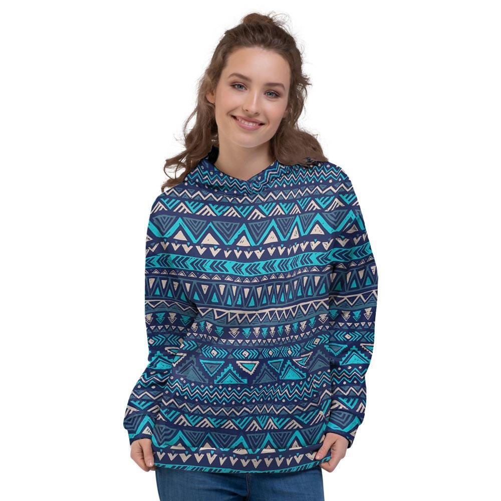 Blue Tribal Aztec Hand Drawn Women's Hoodie-grizzshop