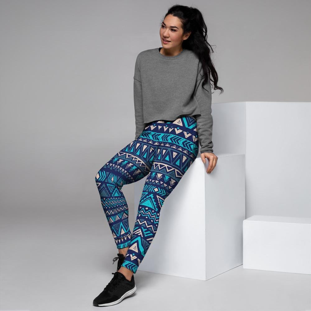 Blue Tribal Aztec Hand Drawn Women's Joggers-grizzshop