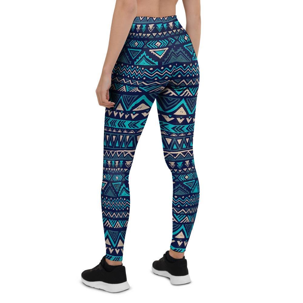 Blue Tribal Aztec Hand Drawn Women's Leggings-grizzshop