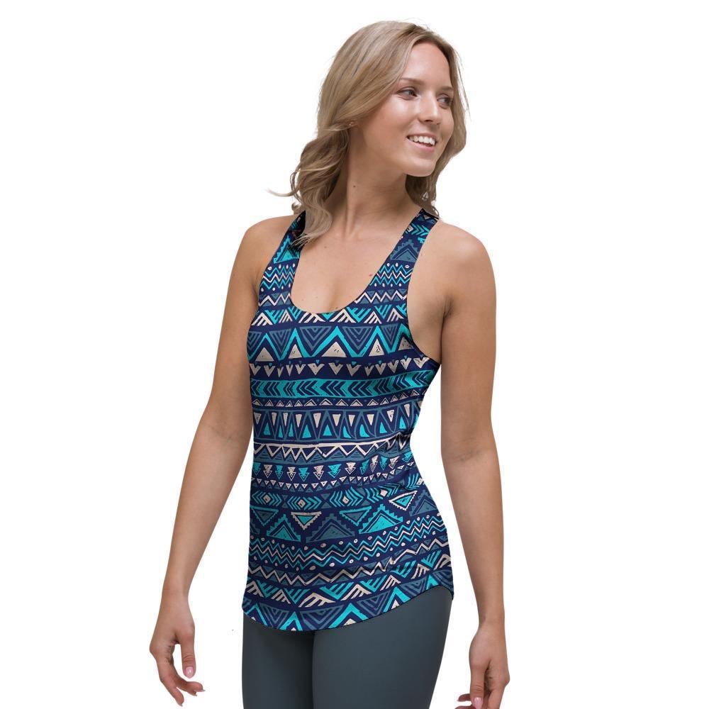 Blue Tribal Aztec Hand Drawn Women's Racerback Tank Top-grizzshop