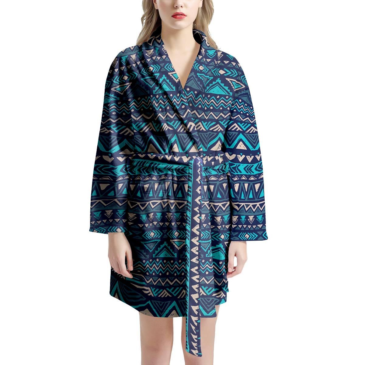 Blue Tribal Aztec Hand Drawn Women's Robe-grizzshop