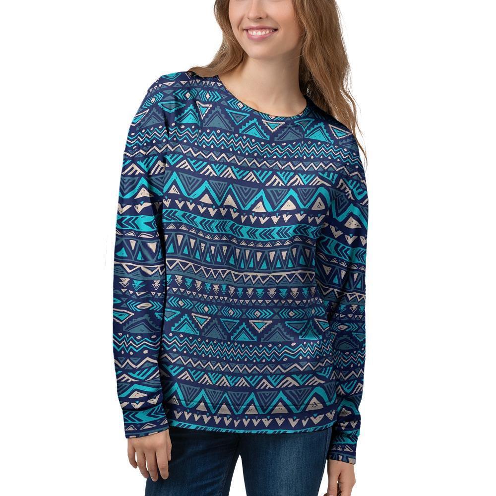 Blue Tribal Aztec Hand Drawn Women's Sweatshirt-grizzshop