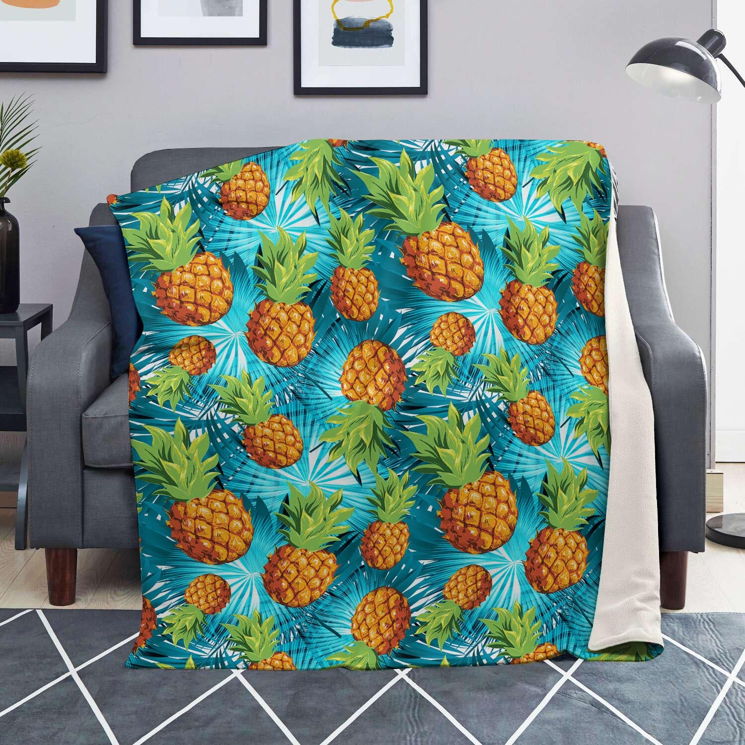 Blue Tropical Hawaiian Pineapple Print Blanket-grizzshop