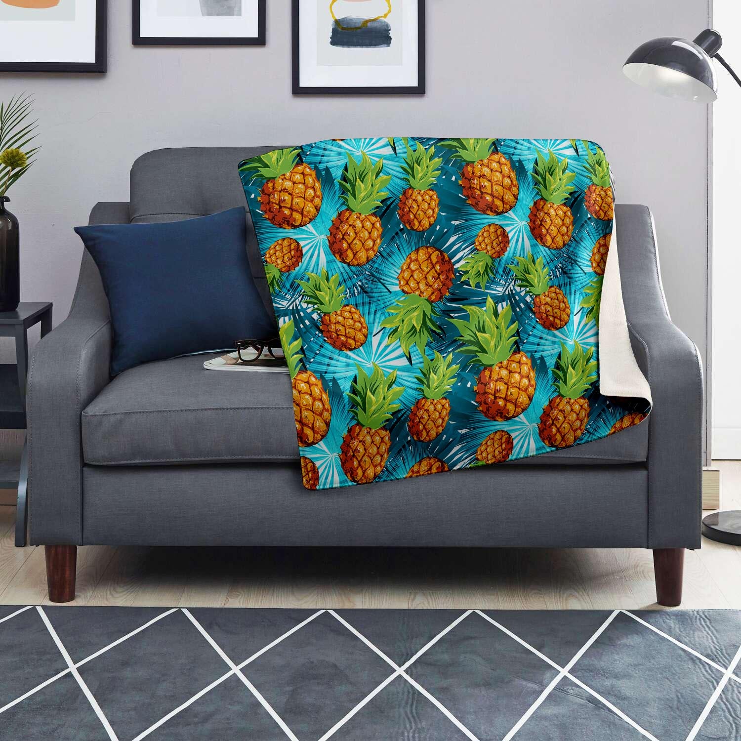 Blue Tropical Hawaiian Pineapple Print Blanket-grizzshop