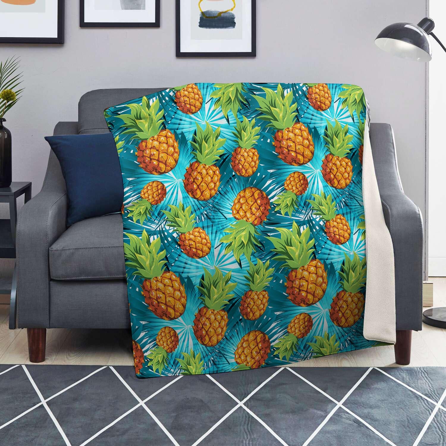 Blue Tropical Hawaiian Pineapple Print Blanket-grizzshop