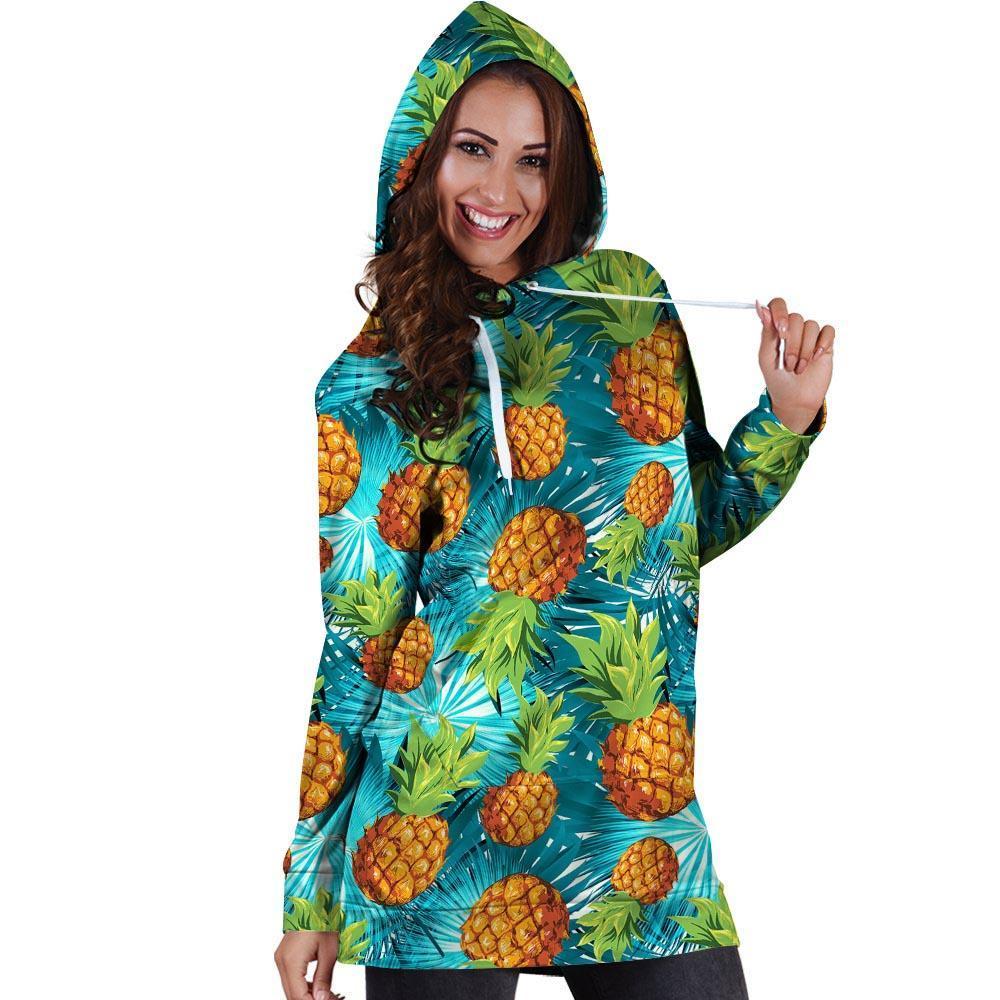 Blue Tropical Hawaiian Pineapple Print Hoodie Dress-grizzshop