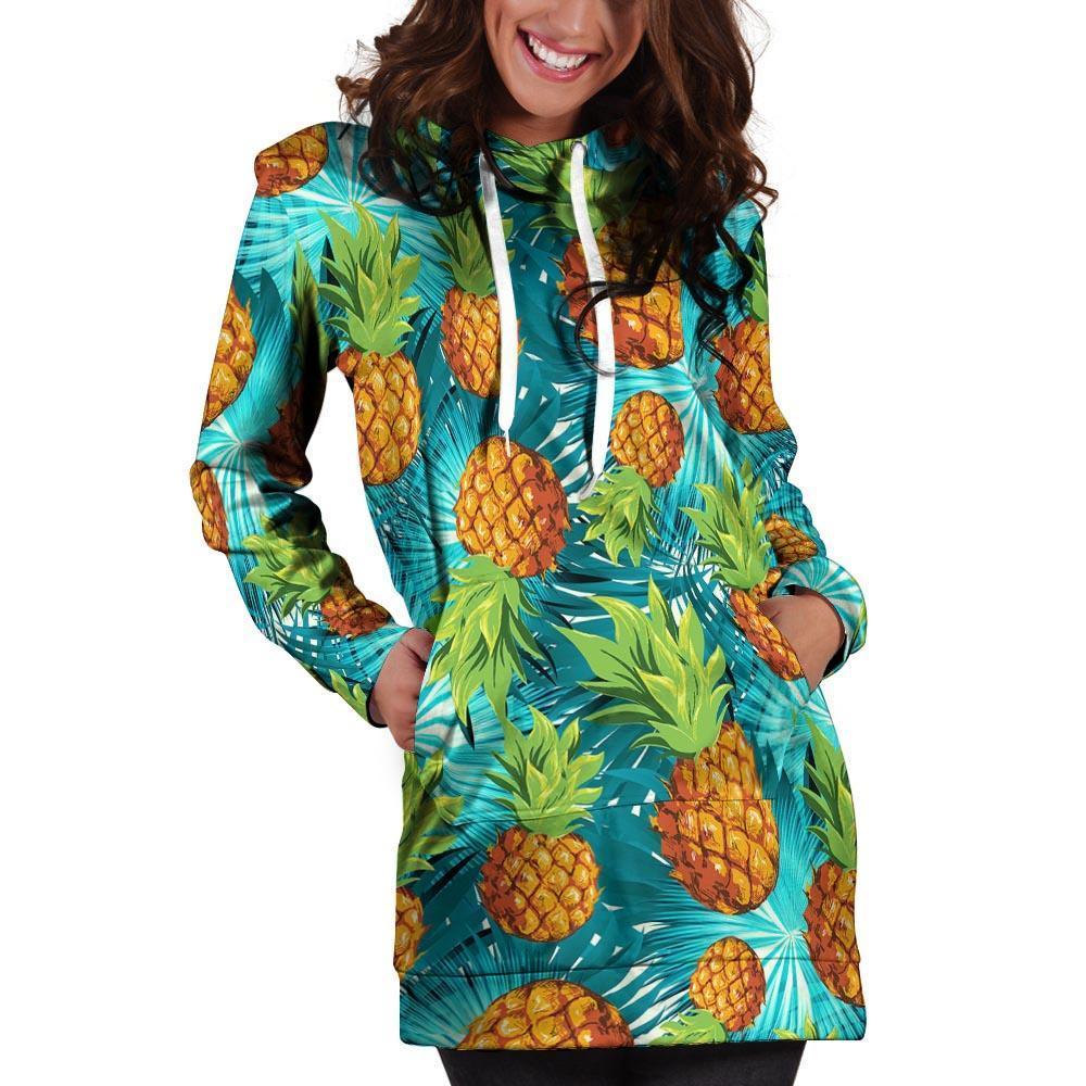 Blue Tropical Hawaiian Pineapple Print Hoodie Dress-grizzshop