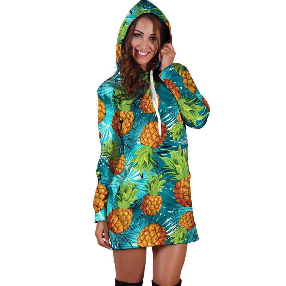 Blue Tropical Hawaiian Pineapple Print Hoodie Dress-grizzshop