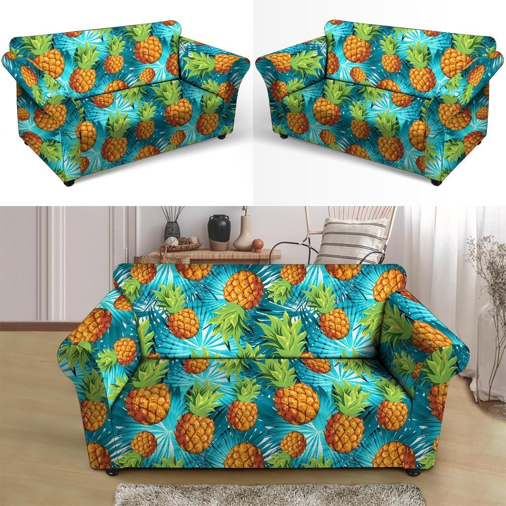 Blue Tropical Hawaiian Pineapple Print Loveseat Cover-grizzshop