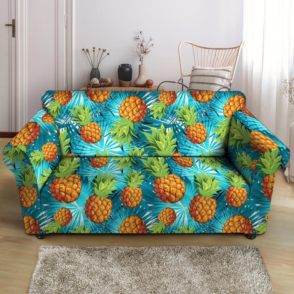 Blue Tropical Hawaiian Pineapple Print Loveseat Cover-grizzshop