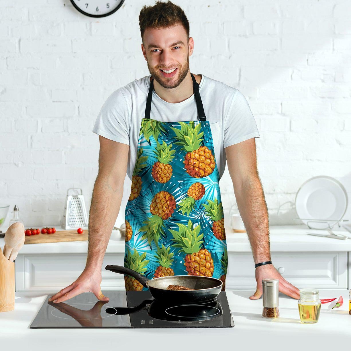 Blue Tropical Hawaiian Pineapple Print Men's Apron-grizzshop