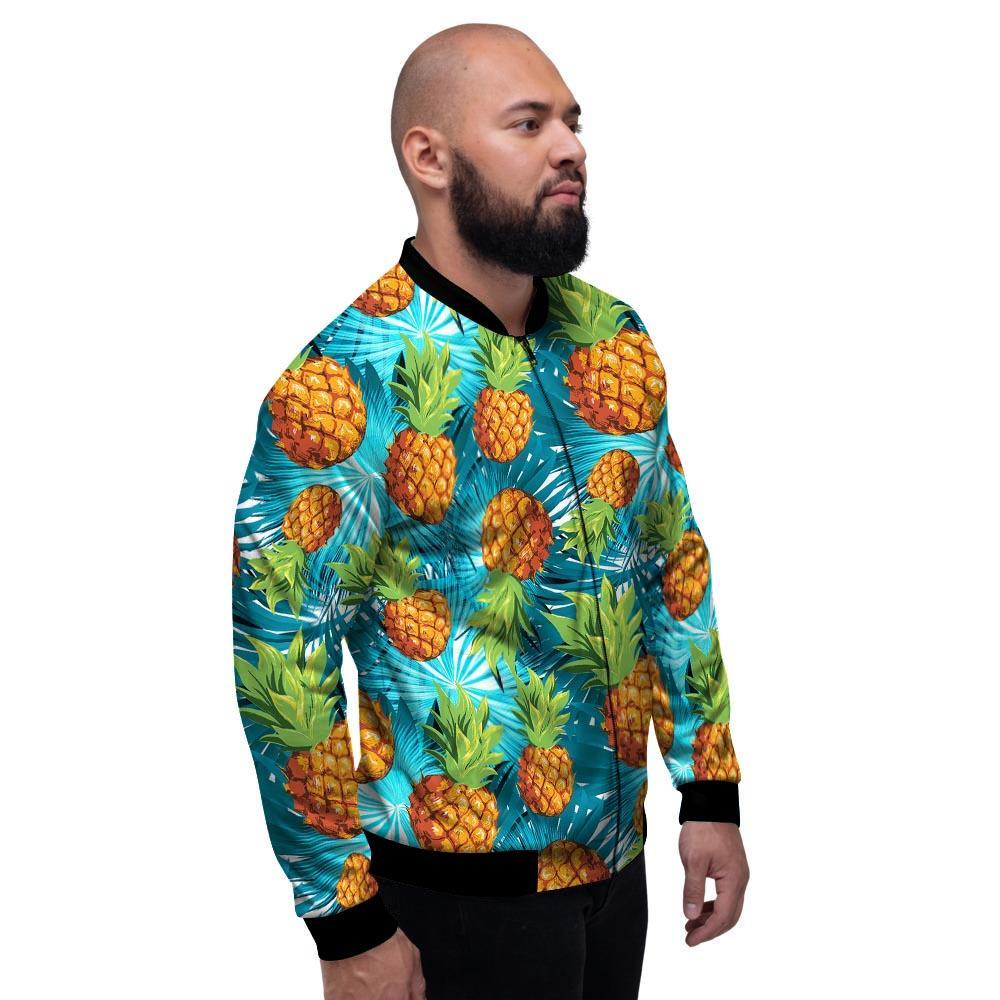 Blue Tropical Hawaiian Pineapple Print Men's Bomber Jacket-grizzshop