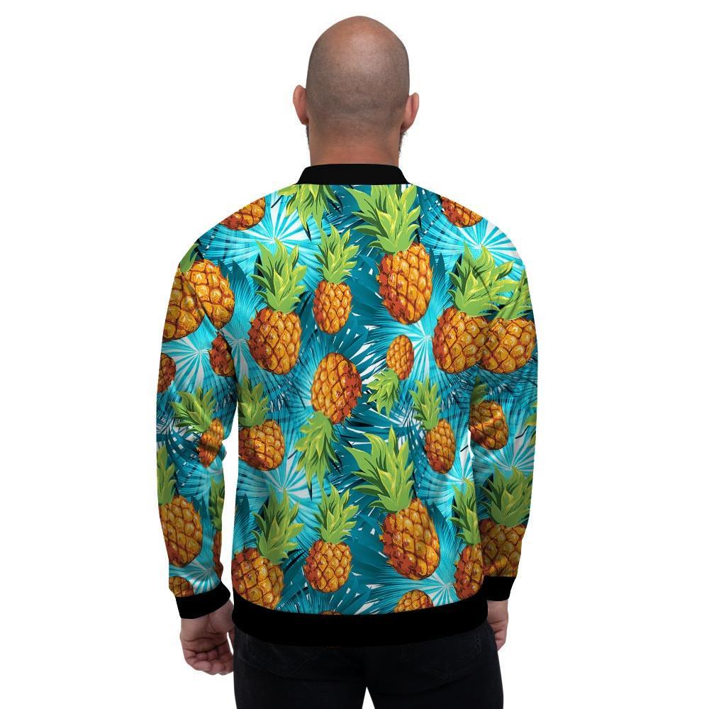 Blue Tropical Hawaiian Pineapple Print Men's Bomber Jacket-grizzshop