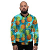 Blue Tropical Hawaiian Pineapple Print Men's Bomber Jacket-grizzshop