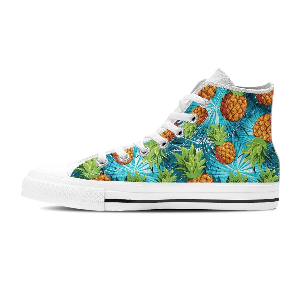 Blue Tropical Hawaiian Pineapple Print Men's High Top Shoes-grizzshop