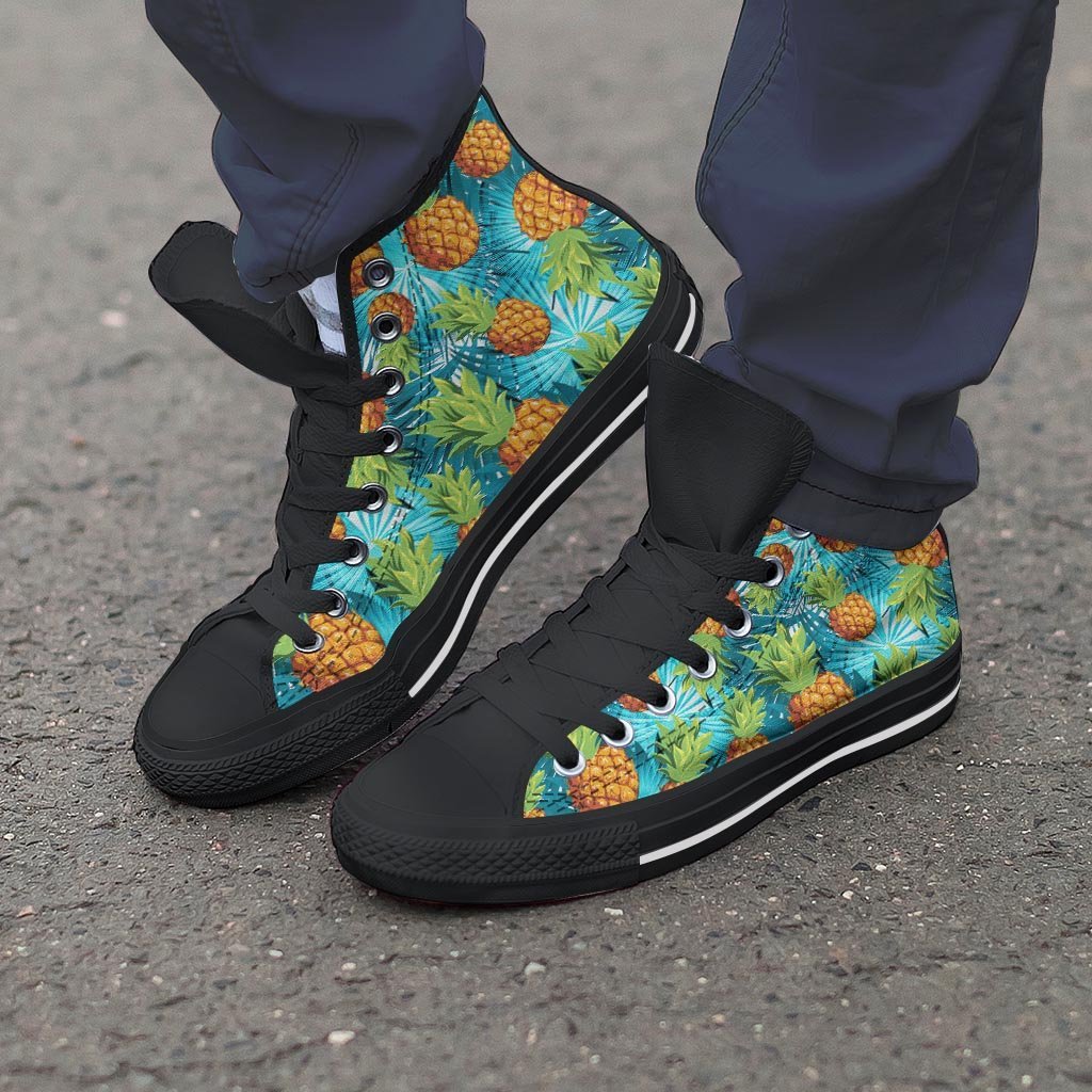 Blue Tropical Hawaiian Pineapple Print Men's High Top Shoes-grizzshop