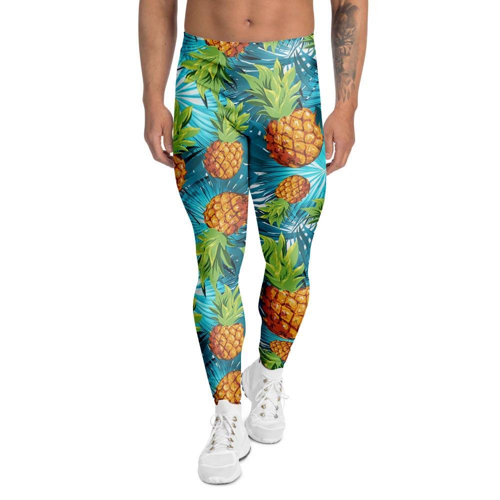 Blue Tropical Hawaiian Pineapple Print Men's Leggings-grizzshop