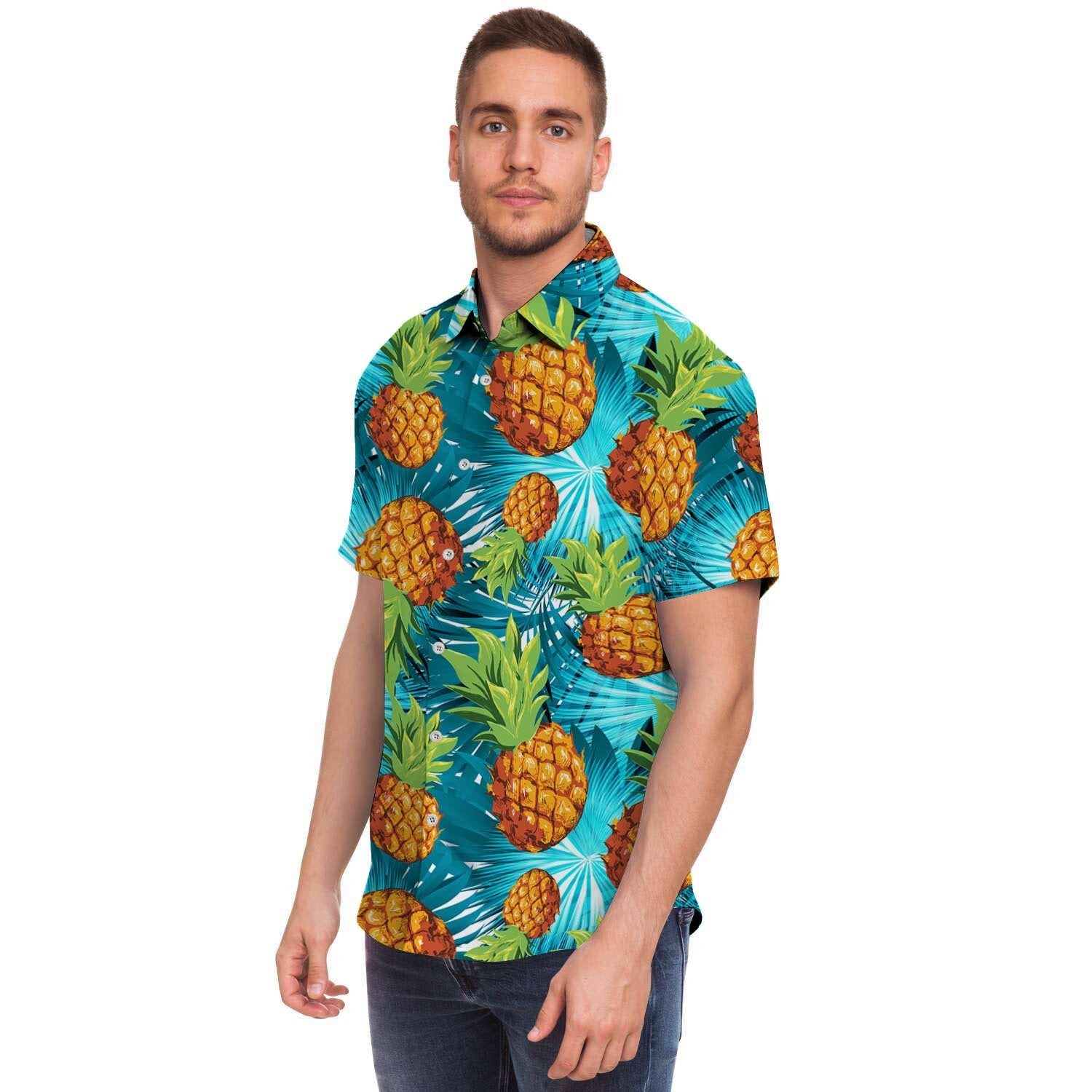 Blue Tropical Hawaiian Pineapple Print Men's Short Sleeve Shirt-grizzshop