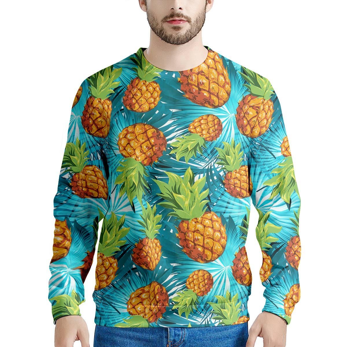 Blue Tropical Hawaiian Pineapple Print Men's Sweatshirt-grizzshop